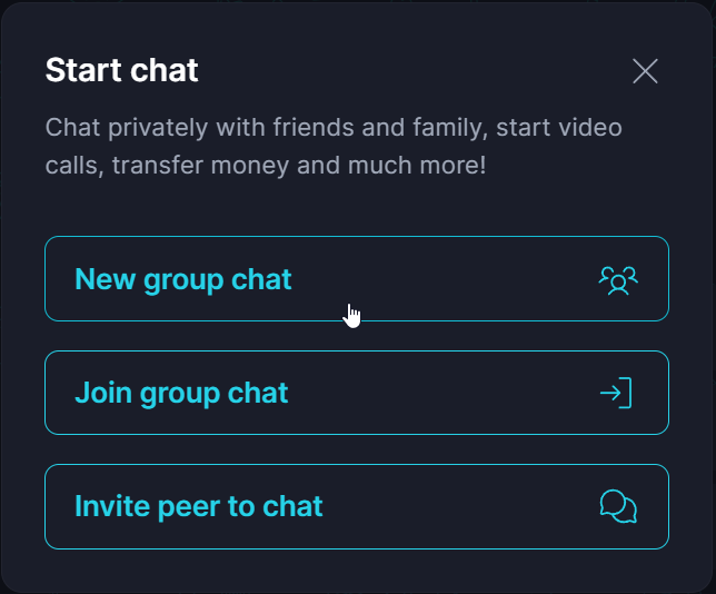 Personal Group 📂 · In the pop-up, select 'New group chat' Keet app screenshot: In the pop-up, select 'New group chat'.